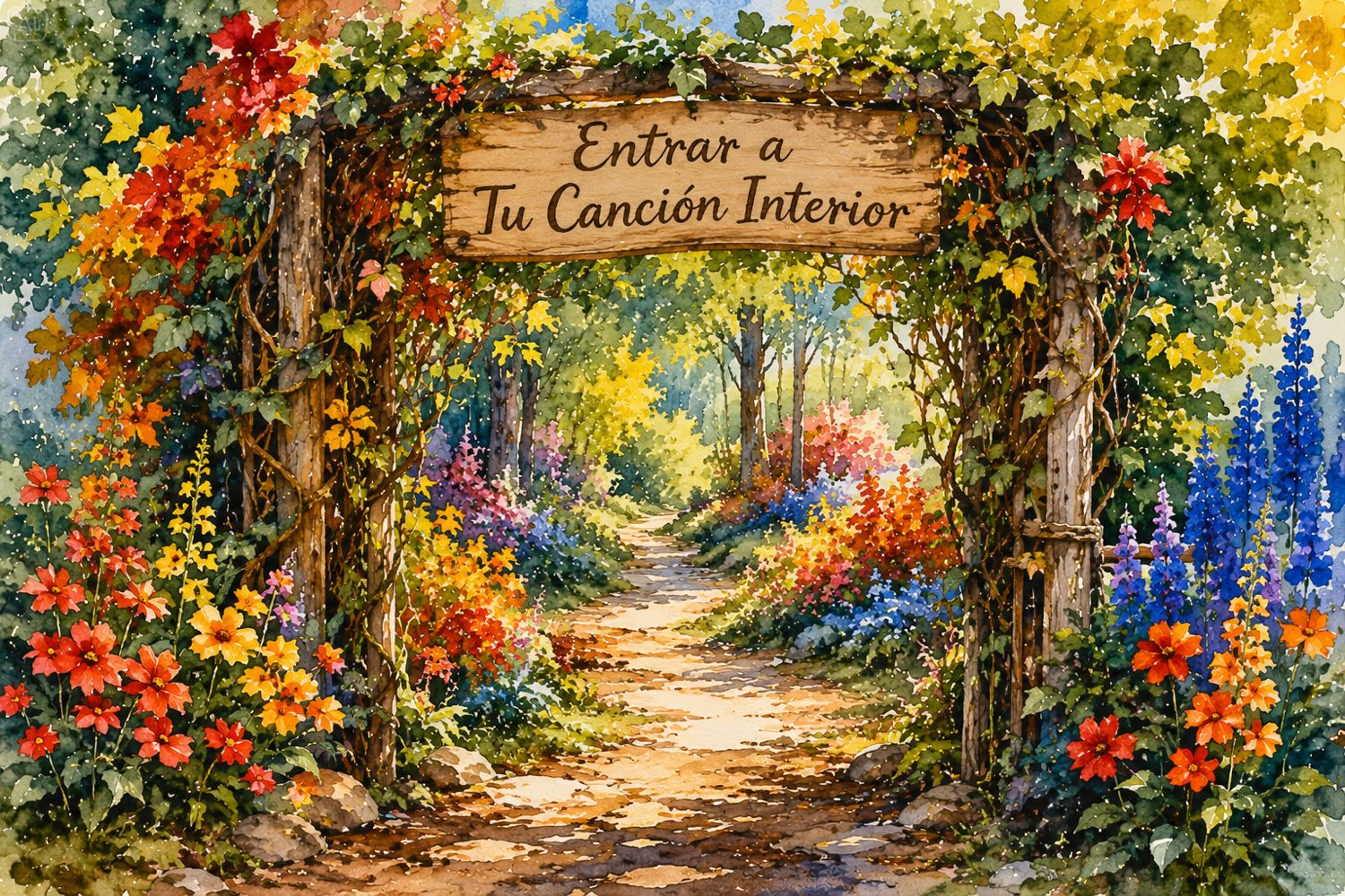 Acuarela de una puerta de jardín cubierta de flores con un cartel de madera que dice Entrar a Tu Canción Interior
